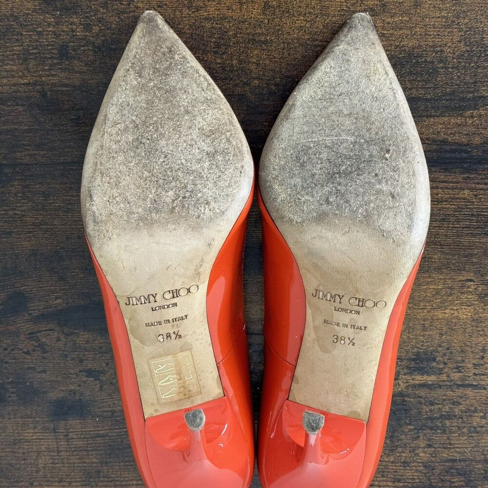 Jimmy Choo Abel Patent Leather Classic Pumps Size 38.5 US 8.5 Orange Stiletto - Picture 9 of 13